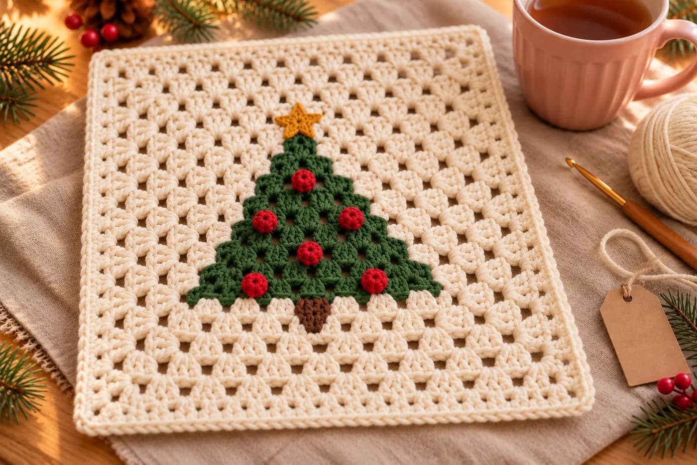 Christmas tree granny square crochet pattern: a cream granny square with a green tree made of granny clusters, six red popcorn baubles, a gold star on the tip and a brown trunk, inside a cream granny border, lying on oatmeal linen next to a blush pink mug and a sprig of pine
