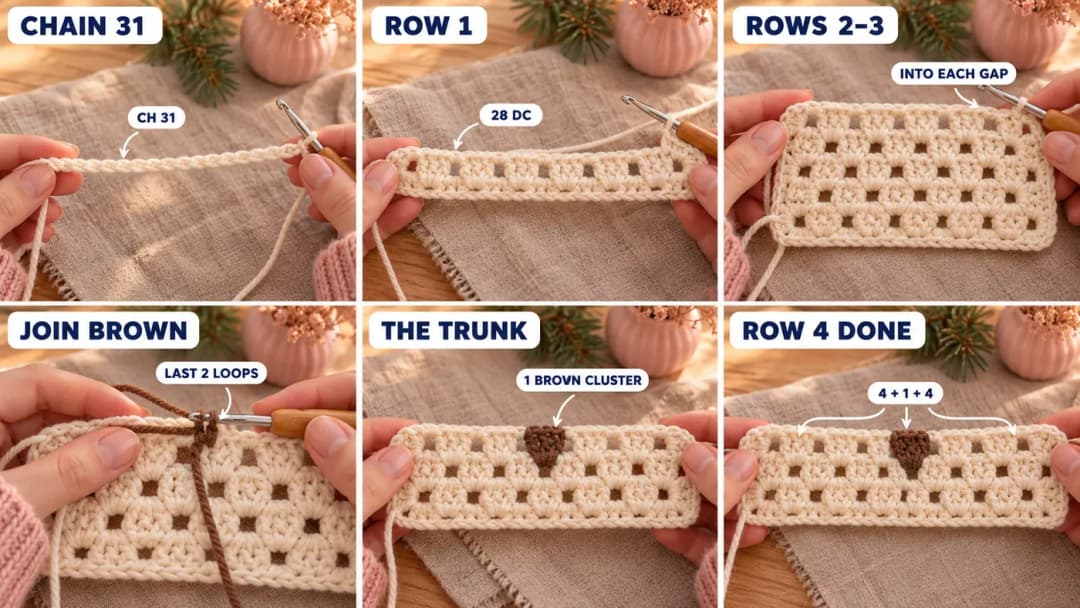 Step 1 of the Christmas tree granny square crochet pattern: the foundation chain on a 5 mm hook, Row 1 of granny clusters in cream, Rows 2 and 3 stacked half a cluster apart, a brown cluster worked into the middle of Row 4, and the cream panel after four rows with the brown trunk in the centre