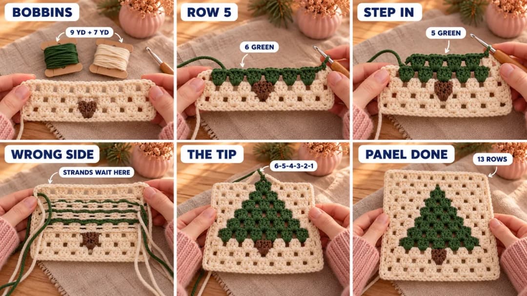 Step 2 of the Christmas tree granny square crochet pattern: the green bobbin joined in Row 5 above the brown trunk, six green clusters, the tree narrowing to five, four and three clusters, the cream and green strands hanging on the wrong side, and the finished cream panel with the green tree from trunk to tip