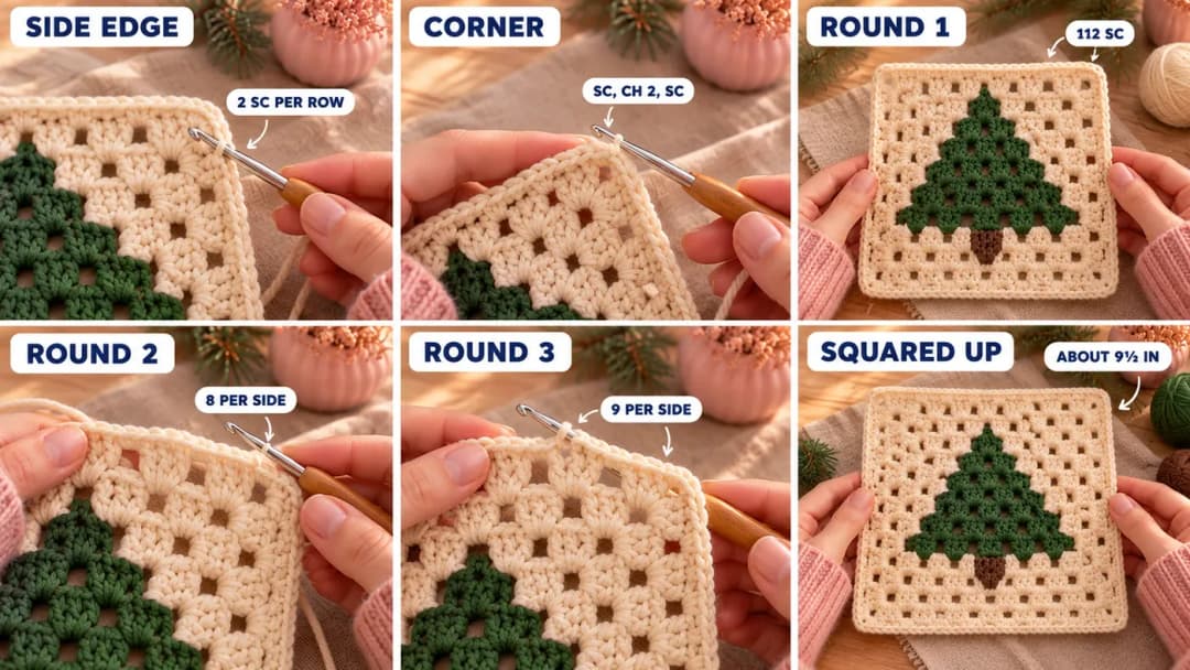 Step 3 of the Christmas tree granny square crochet pattern: single crochet worked into the row ends and the foundation chain with ch-2 corners, the first round of granny clusters around the panel, and the second granny round finishing the cream border around the green tree