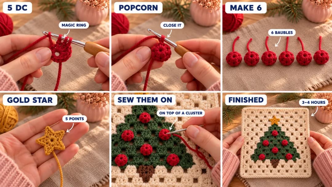 Step 4 of the Christmas tree granny square crochet pattern: five red double crochet in a magic ring, the dropped loop pulled through to close a popcorn bauble, six finished red baubles, a gold star with five pointed tips, and the baubles and star sewn onto the green tree