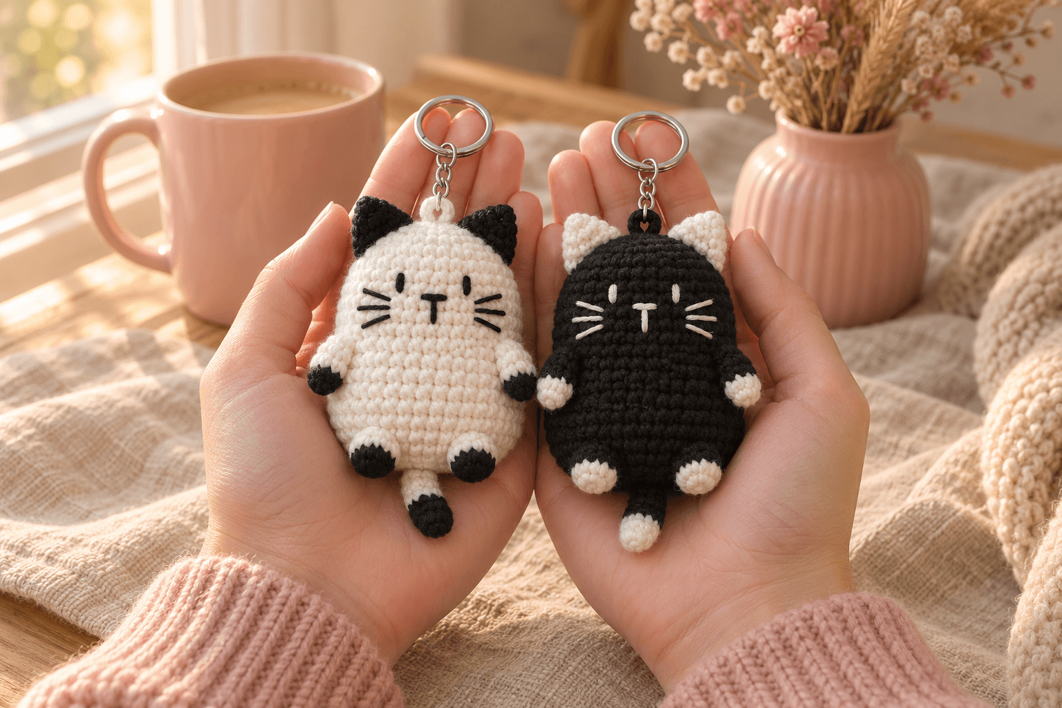 Two chubby crochet cat keychains resting side by side in cupped open palms: white Mochi with black ears and paw tips, black Sesame with white ears and paw tips, both with tiny embroidered eyes, a T-shaped nose and mouth, three whiskers on each cheek and a short two-tone tail
