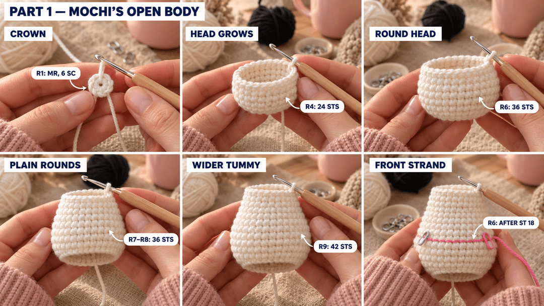 Six photos of Mochi’s white crown and open body, from the six-stitch magic ring to R9 with 42 stitches and a marked center front.