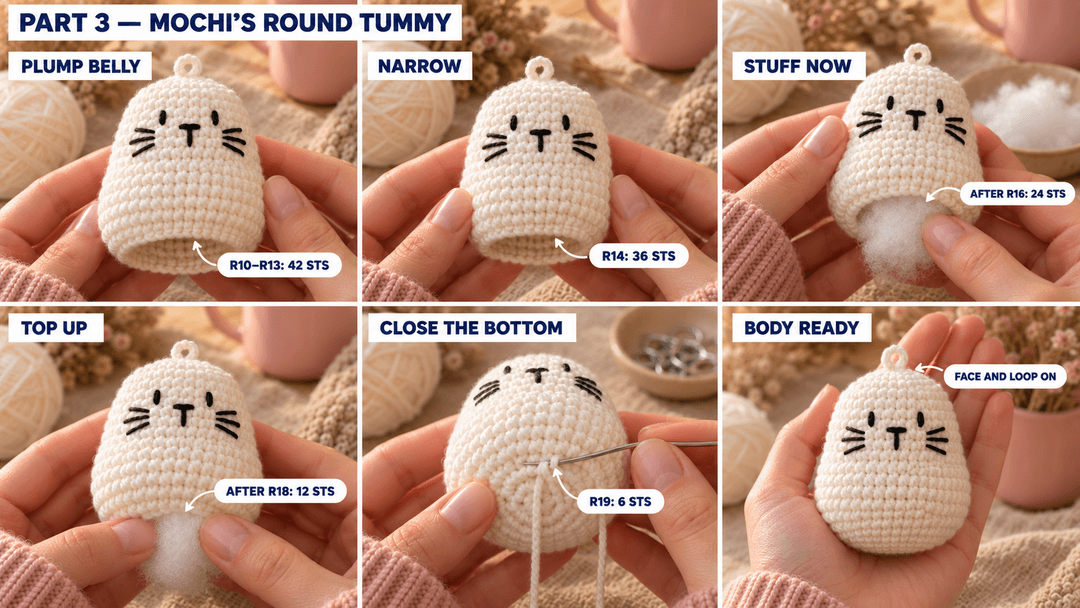 Six photos of the tummy rounds, narrowing and stuffing after R16, topping up after R18 and closing the six-stitch bottom after R19.