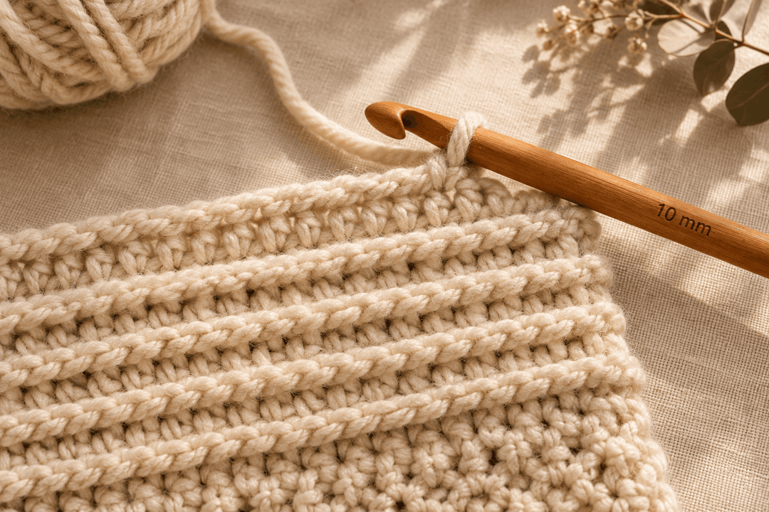 Overhead macro close-up of a chunky oatmeal cream super-bulky wool crochet border in progress, showing the crisp horizontal ridged texture of five rows of back-loop-only single crochet, a 10 mm honey-colored wooden crochet hook mid-stitch at the top edge, small yarn ball softly blurred in the upper-left corner, dried eucalyptus branch shadow on the cream linen background, warm afternoon window light