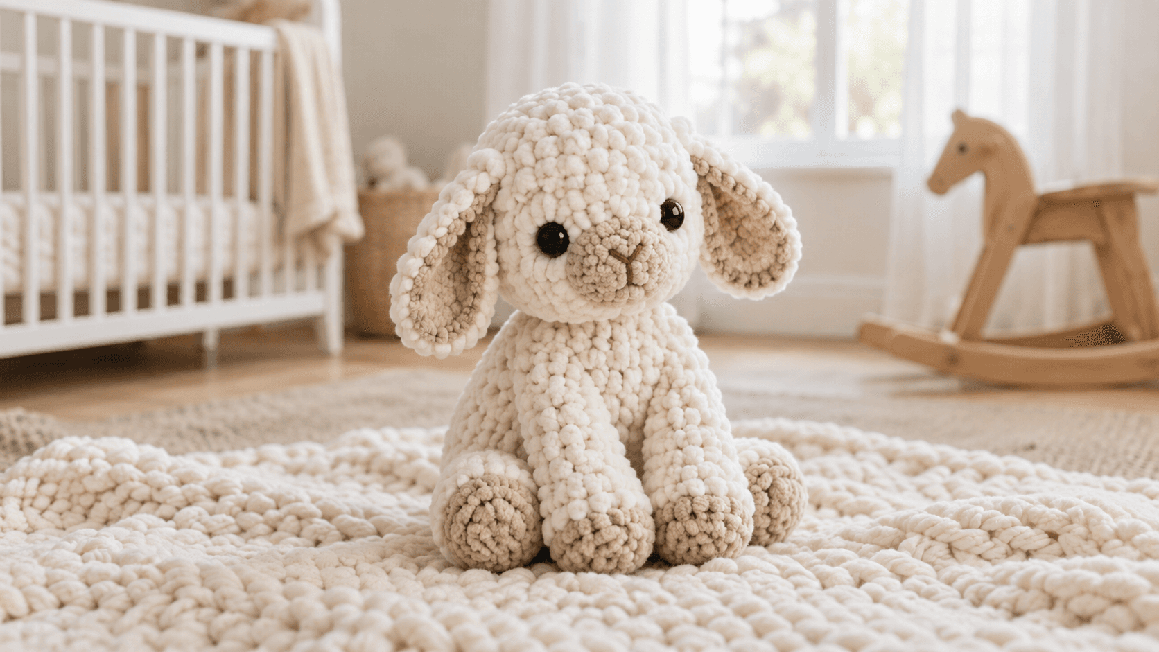 Cream chunky crochet lamb plush with tan chenille ears and safety eyes, sitting on a chunky knit ivory blanket in a soft-lit nursery with a white crib and wooden rocking horse in the background