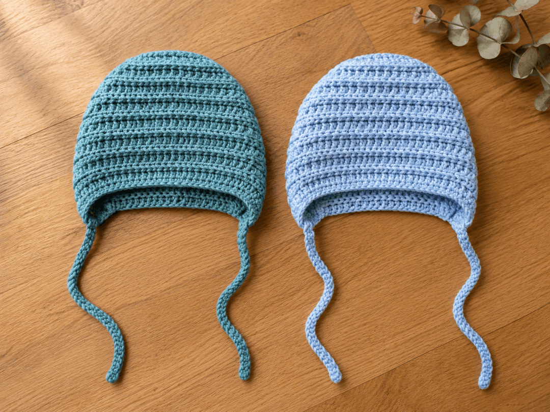 Two newborn crochet bonnets in dusty teal and powder blue with ribbed texture and long chain ties on an oak floor