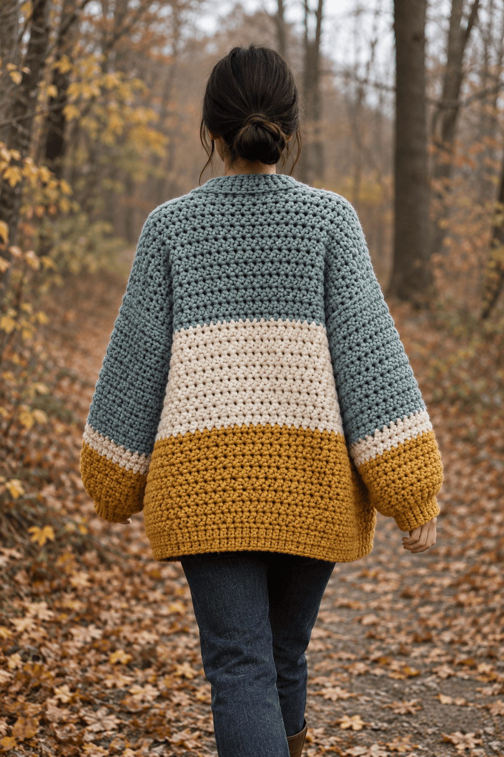 Back view of a woman wearing an oversized color block chunky crochet cardigan in sage blue, cream and mustard on an autumn forest path