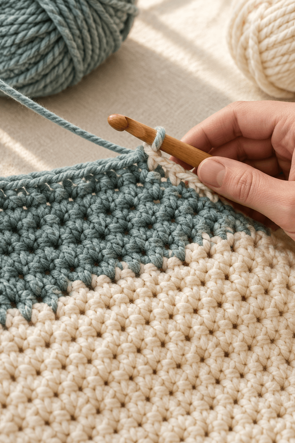 Close-up of a hand with an 8 mm oak crochet hook working a clean color transition from sage blue to cream on a chunky half double crochet panel