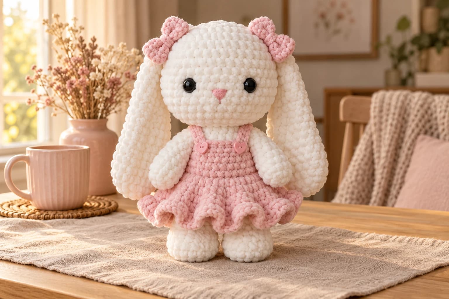 Rosie, a white chenille coquette crochet bunny with a large round head, long floppy ears, glossy black eyes, a tiny pink embroidered nose, two pink bows beside her ears and a pink bib dress with a wavy ruffled hem and two pink heart buttons.