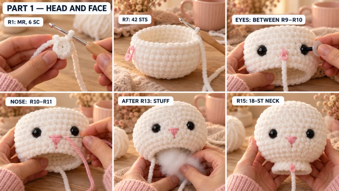 Six photos of Rosie’s white crochet head: six-stitch magic ring, 42-stitch crown, eyes between R9 and R10, pink nose embroidery, stuffing after R13 and the 18-stitch neck at R15.