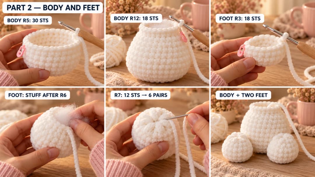 Rosie’s white body and feet, showing the 30-stitch belly, 18-stitch neck, foot stuffing and each 12-stitch foot opening closed through six facing pairs.