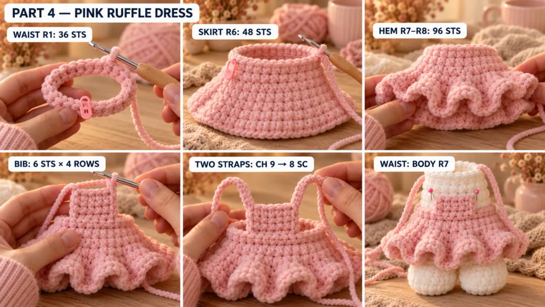 Pink pinafore construction with a 36-stitch waist, 48-stitch skirt, 96-stitch ruffle, six-by-four bib and two eight-stitch straps, fitted to Rosie’s headless body.