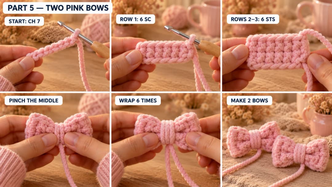 Two pink chenille bows made from chain seven, six stitches over three rows, then pinched and wrapped six times.