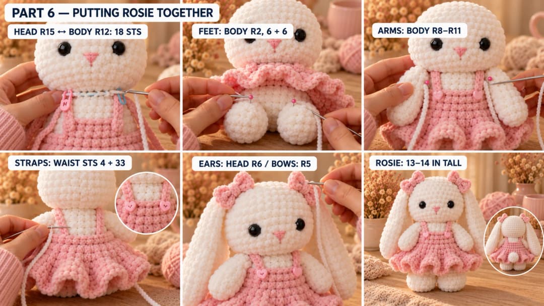 Rosie’s assembly: matched 18-stitch necks, feet and arms, shoulder straps with two heart buttons, ears and pink bows, and the finished bunny with an optional tail detail.