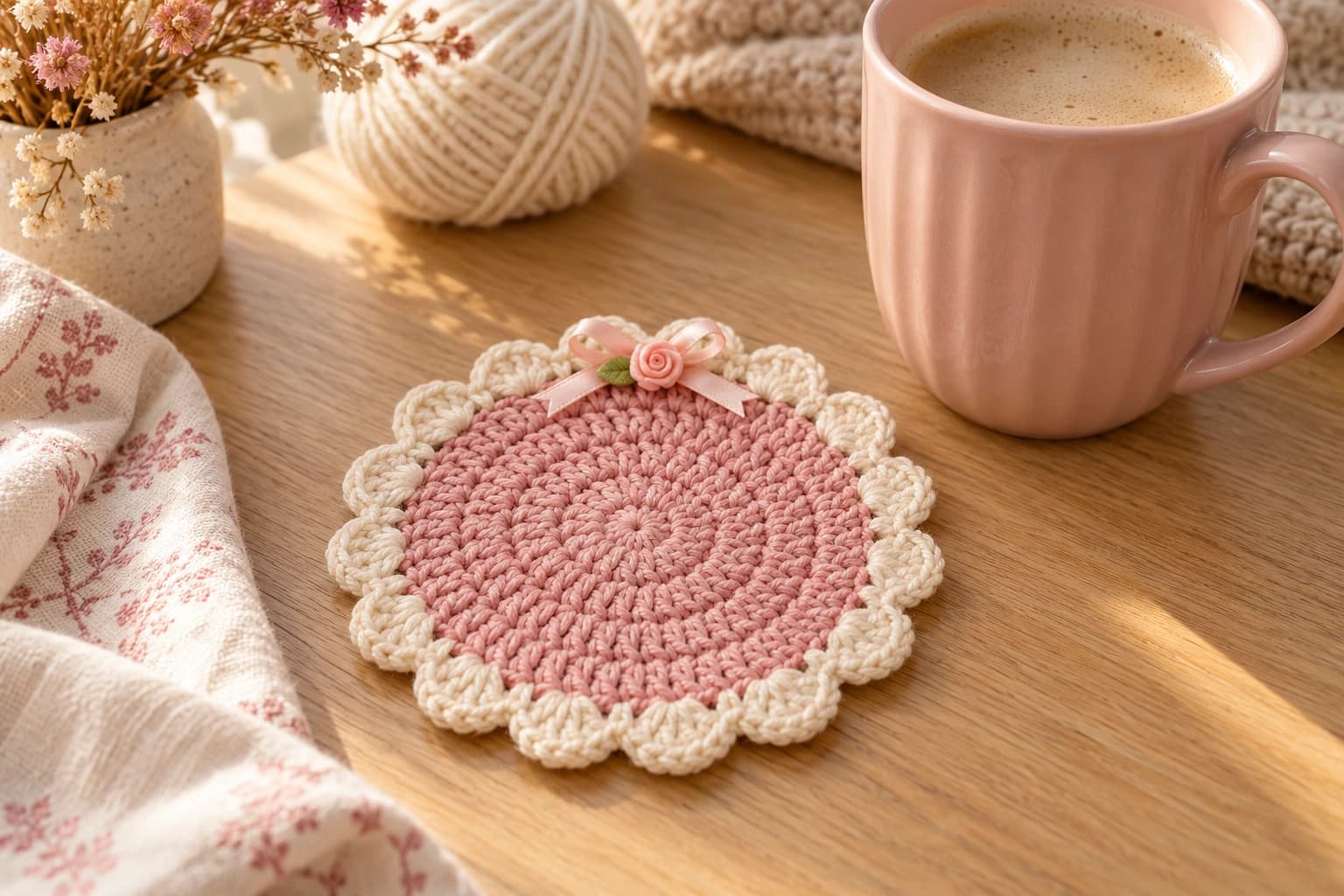 A round coquette crochet coaster with a dusty pink cotton double-crochet center, fifteen soft cream shell scallops around the edge and a narrow pink satin bow topped with a tiny pink ribbon rose and a small green fabric leaf at the upper rim, lying flat on oatmeal linen.
