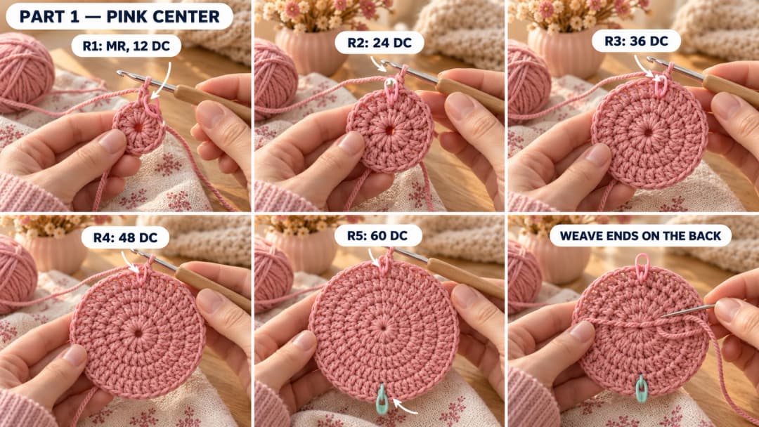 Six photos of the dusty pink center growing from twelve double crochet stitches to sixty over five rounds, ending with the tails woven into the back.