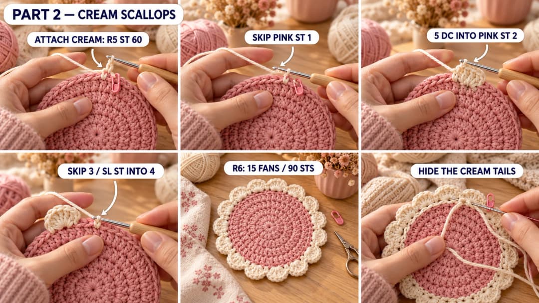 Six photos of cream joined at pink stitch sixty, the first five-double-crochet shell and its anchoring valley, then fifteen complete scallops and woven cream tails.