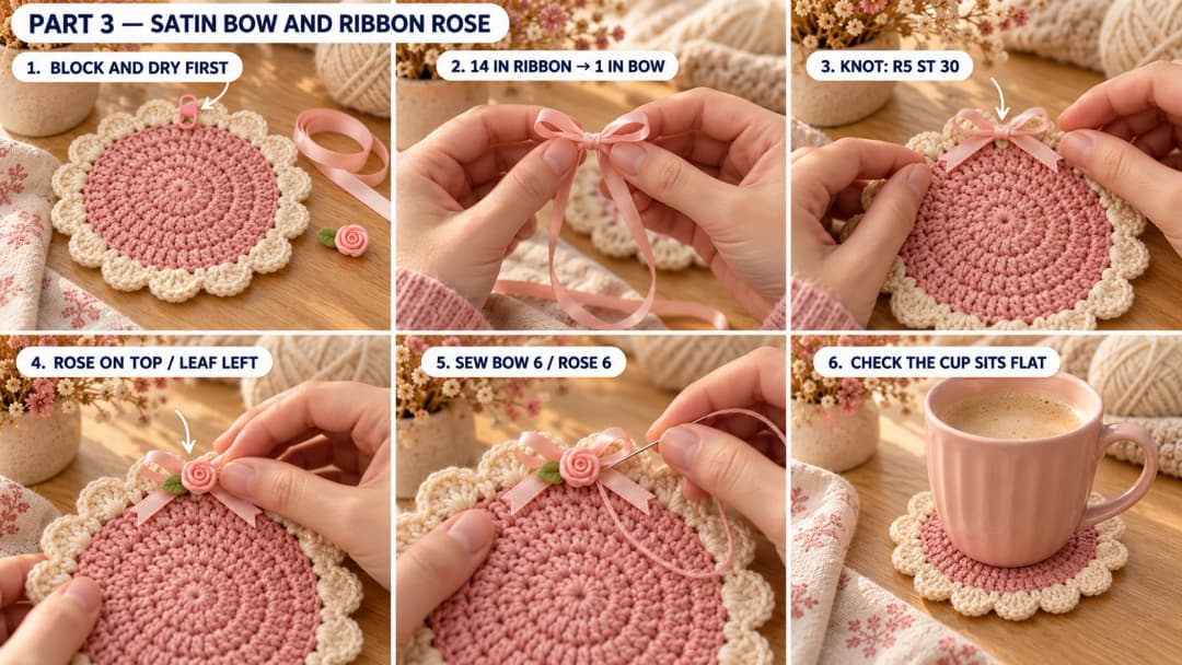 Six photos showing the dry blocked coaster, a narrow satin bow tied and placed at pink stitch thirty, a tiny ribbon rose sewn over its knot and a cup resting clear of the decoration.