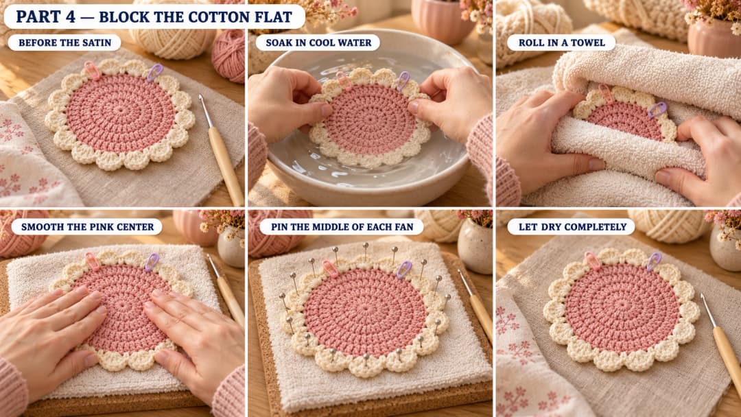 Six photos of the undecorated cotton coaster being soaked, towel-dried, smoothed flat and pinned through the middle of each of its fifteen cream fans before drying.