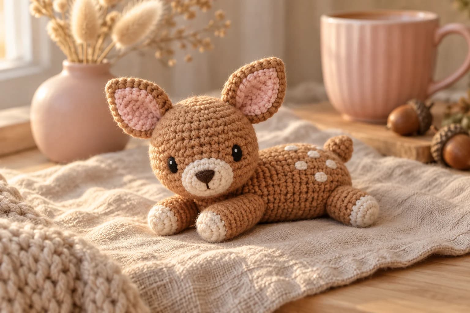 Crochet baby deer amigurumi pattern: a mini caramel crochet fawn lying down in cotton yarn, with a big round head resting above its chest, a cream muzzle with a dark brown triangle nose, embroidered black oval eyes, two big caramel ears lined almost entirely in soft pink, little round cream spots along its back, two front legs stretched forward under the chin and a hind leg stretched back, all with cream hooves, and a small tail up on the rump, lying on oatmeal linen in warm window light next to a blush pink mug, acorns and a pink vase of dried bunny tails