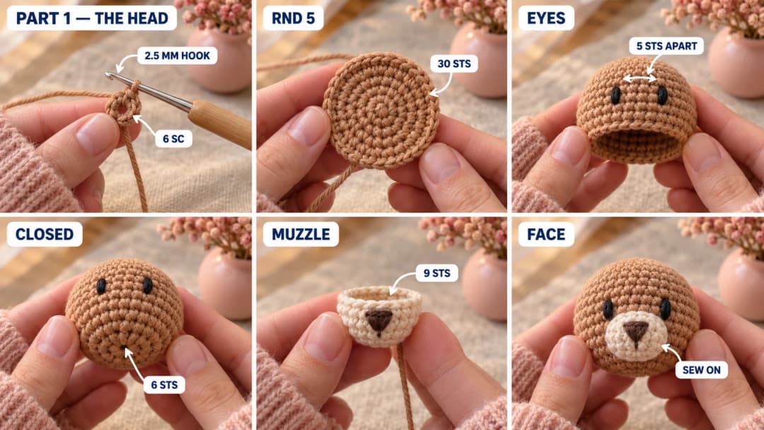 Step 1 of the crochet baby deer amigurumi pattern: a caramel cotton magic ring on a 2.5 mm hook, the head growing to 30 stitches and four plain rounds, two black oval eyes embroidered 5 stitches apart while the head is open, a small cream muzzle cup with a dark brown nose, and the muzzle sewn between and below the eyes on the round head