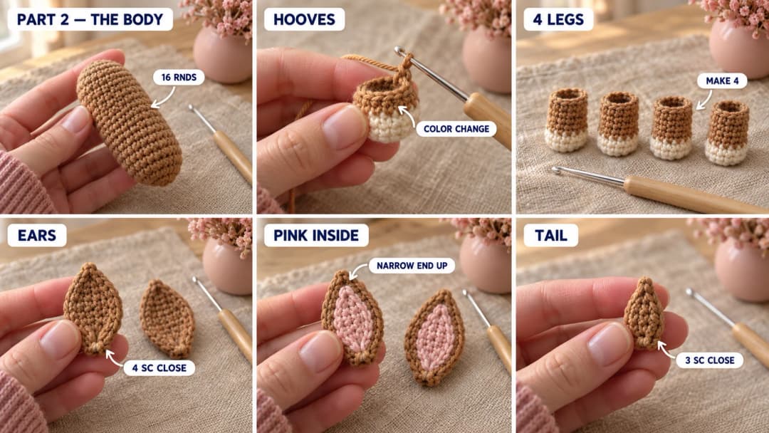 Step 2 of the crochet baby deer amigurumi pattern: a long caramel body stuffed into an oval and closed at both ends, four short legs starting in cream for the hooves and switching to caramel, two flattened leaf-shaped caramel ears, a pink lining sewn inside each with its narrow end up, and a tiny flat tail