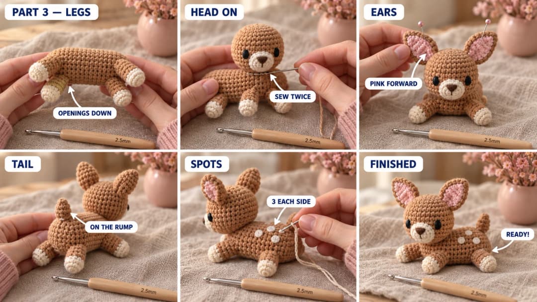 Step 3 of the crochet baby deer amigurumi pattern: four legs sewn under the long body with their openings down, the head sewn on top of the chest with an oval seam, the pink-lined ears pinned on top of the head, a tiny tail on the rump, three cream embroidered spots along each side of the back, and the finished fawn lying down