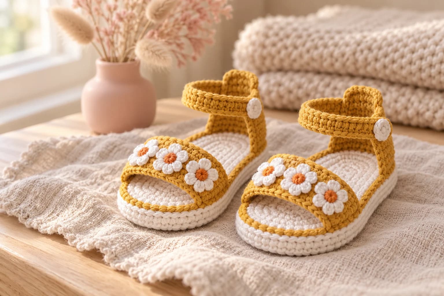 Crochet baby sandals pattern: a pair of mustard yellow crochet baby sandals with thick white two-layer soles, a wide toe strap topped with three white daisies with orange centers, a heel tab and an ankle strap closed with a small white crochet button above a side strap, set on an oatmeal linen cloth next to a folded beige knit blanket and a blush pink ceramic vase