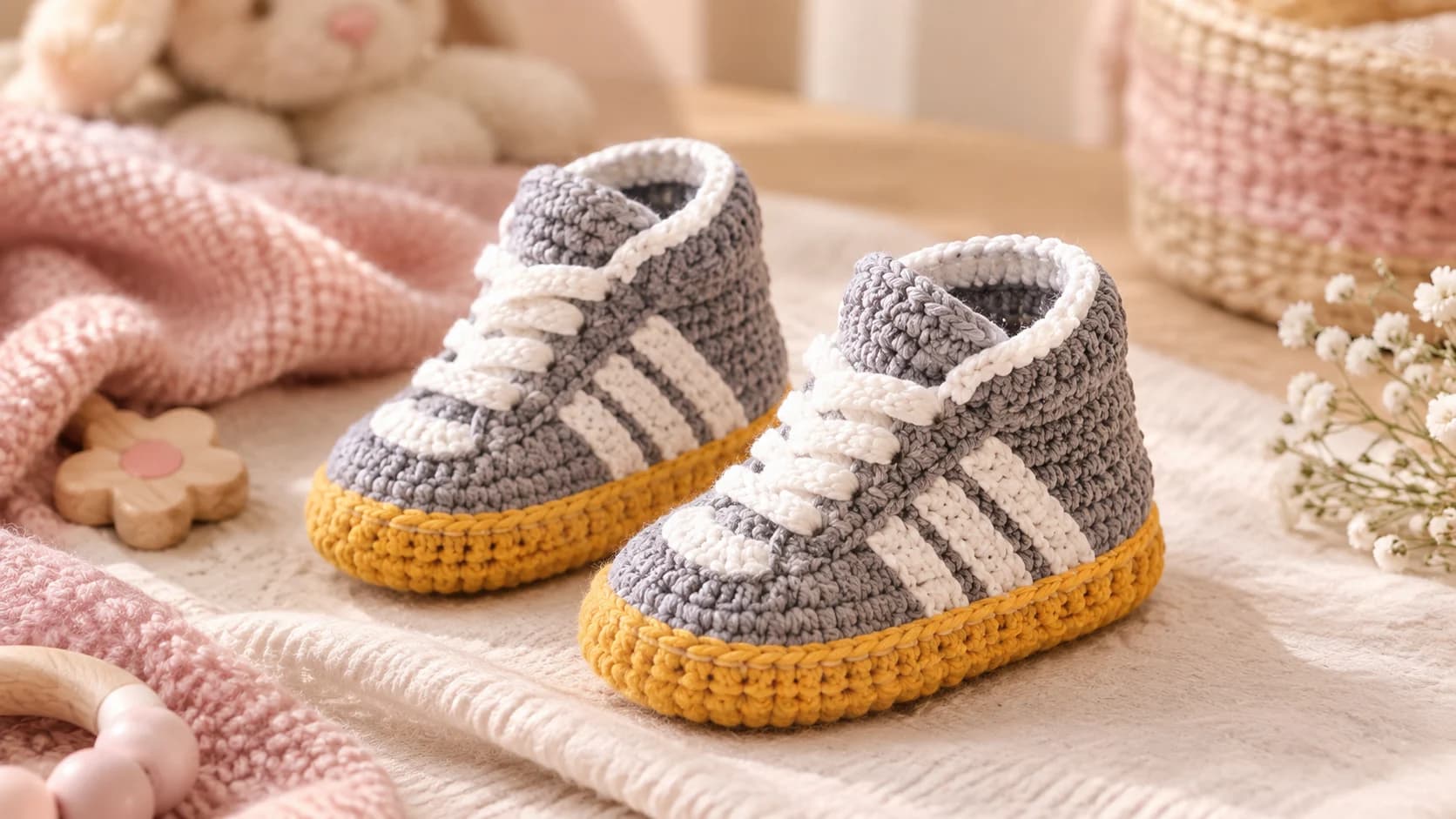 A pair of grey crochet baby sneakers with chunky mustard soles, three white side stripes, white collars and white laces, on a cream blanket beside a pink knit blanket, a plush bunny and wooden baby toys
