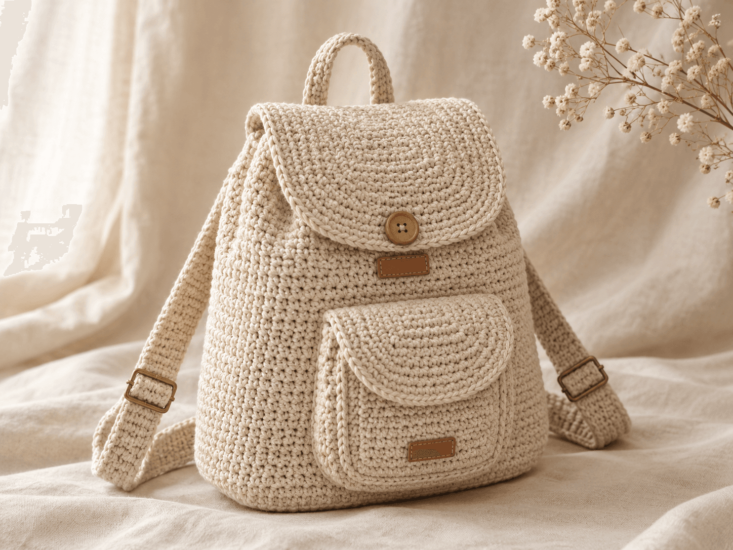 Cream cotton crochet backpack with curved flap, wooden button, front pocket, top loop handle and adjustable brass-buckle straps on a linen backdrop