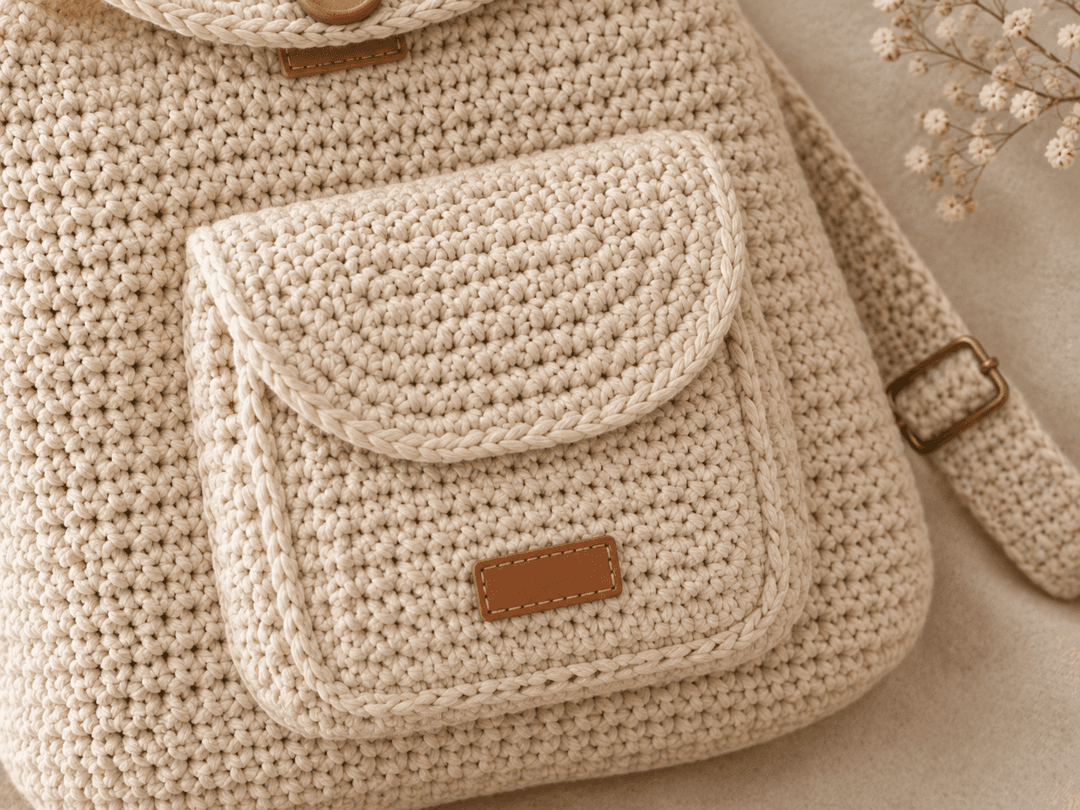 Overhead close-up of the crochet backpack front pocket with its curved mini flap and small leather tag stitched onto cream cotton on a warm linen backdrop