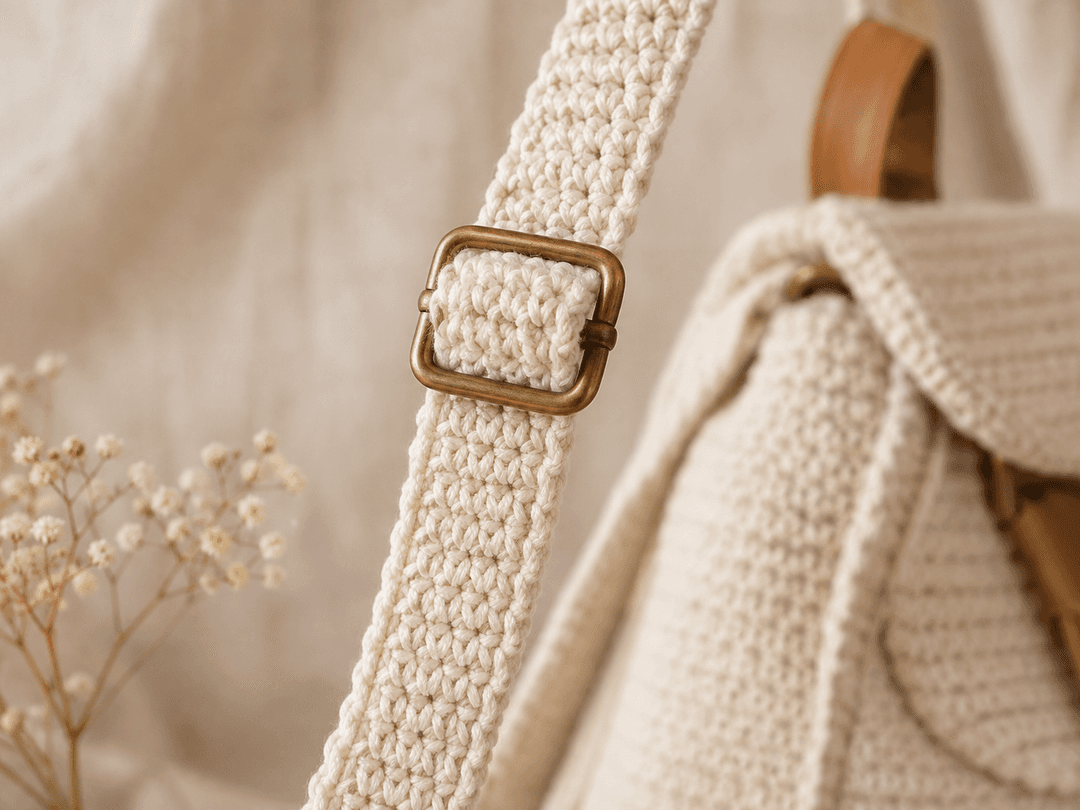 Close-up of the crochet backpack adjustable shoulder strap threaded through a brass slider buckle on cream cotton in soft window light