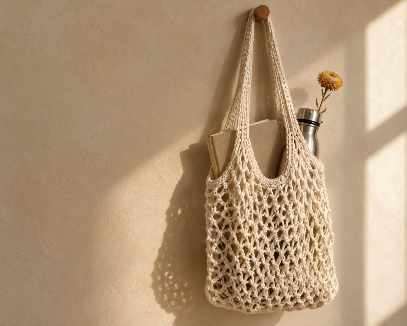 Handmade cream cotton crochet mesh market bag hanging on a small wooden peg against a soft beige plaster wall, containing a linen notebook, stainless steel water bottle and a dried yellow strawflower, in warm natural window light