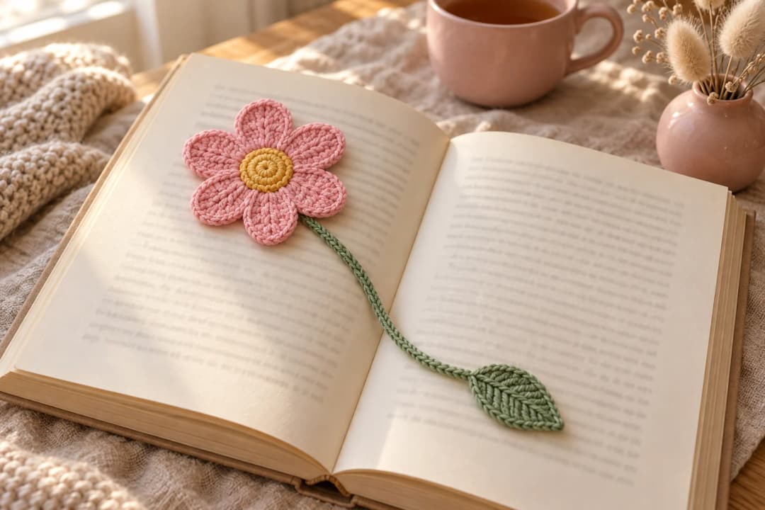 Pink six-petal crochet flower bookmark with a yellow center and a long green stem across the pages of an open book