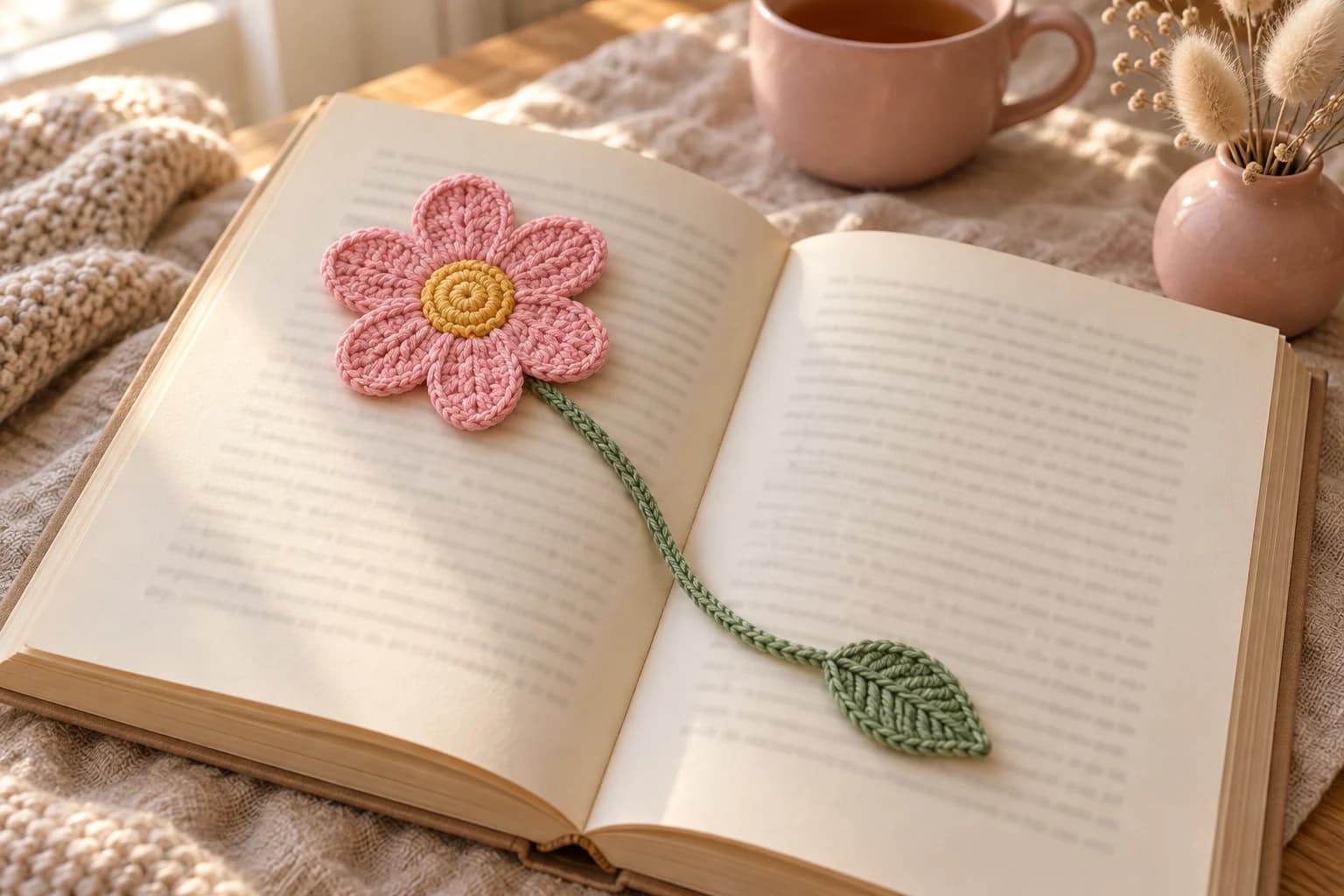 Crochet flower bookmark lying across the pages of an open book: a flat pink six-petal flower with a yellow center at the top of the page, a long green stem curving down the page and a small pointed green leaf at the end, on an oatmeal linen cloth with a blush pink mug and dried flowers softly blurred behind