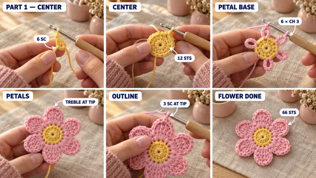 Step 1 of the crochet flower bookmark: a yellow magic ring of 6 single crochets on a 3 mm hook, the yellow center grown to 12 stitches, pink yarn joined with 6 chain-3 spaces around the center, 6 rounded petals worked into the spaces, the outline round with 3 single crochets at the tip of each petal, and the finished flat pink flower
