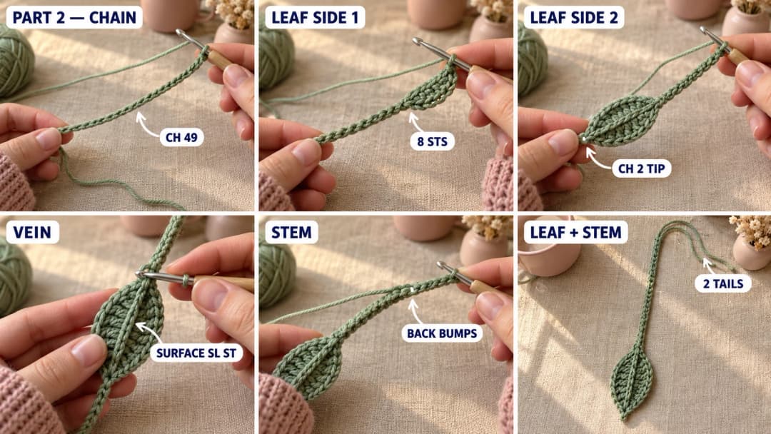 Step 2 of the crochet flower bookmark: a long green foundation chain on a 3 mm hook, the first side of the leaf worked from the tip toward the stem, the second side worked in the free loops back to the tip with a small chain-2 point, a raised vein of surface slip stitches down the middle of the leaf, single crochet worked into the back bumps of the stem chain, and the finished green leaf and stem with two tails at the top
