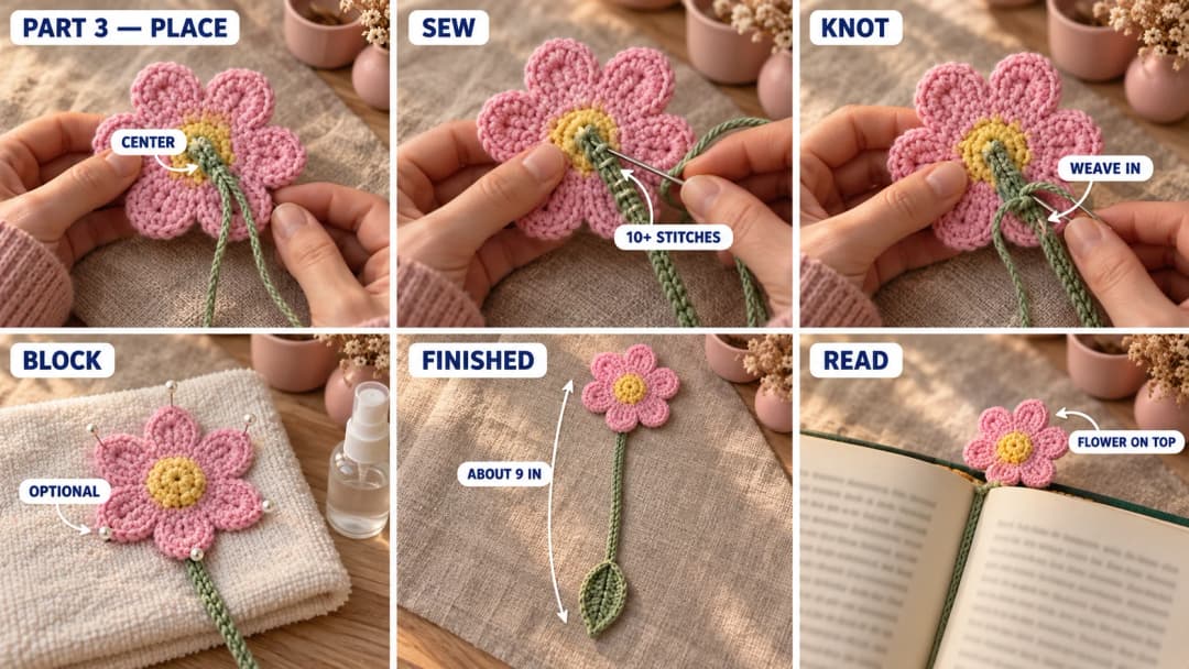 Step 3 of the crochet flower bookmark: the pink flower face down with the top of the green stem laid on its back from the center, running straight down between the two bottom petals, a tapestry needle whipstitching the stem to the back of the flower, the tails knotted and woven in, and the finished bookmark lying across an open book with the flower above the top of the pages