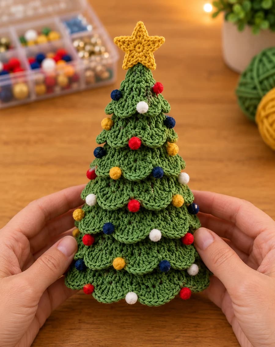 Two hands holding a green crochet tabletop Christmas tree with scalloped tiers, colorful pom-pom baubles and a mustard yellow star