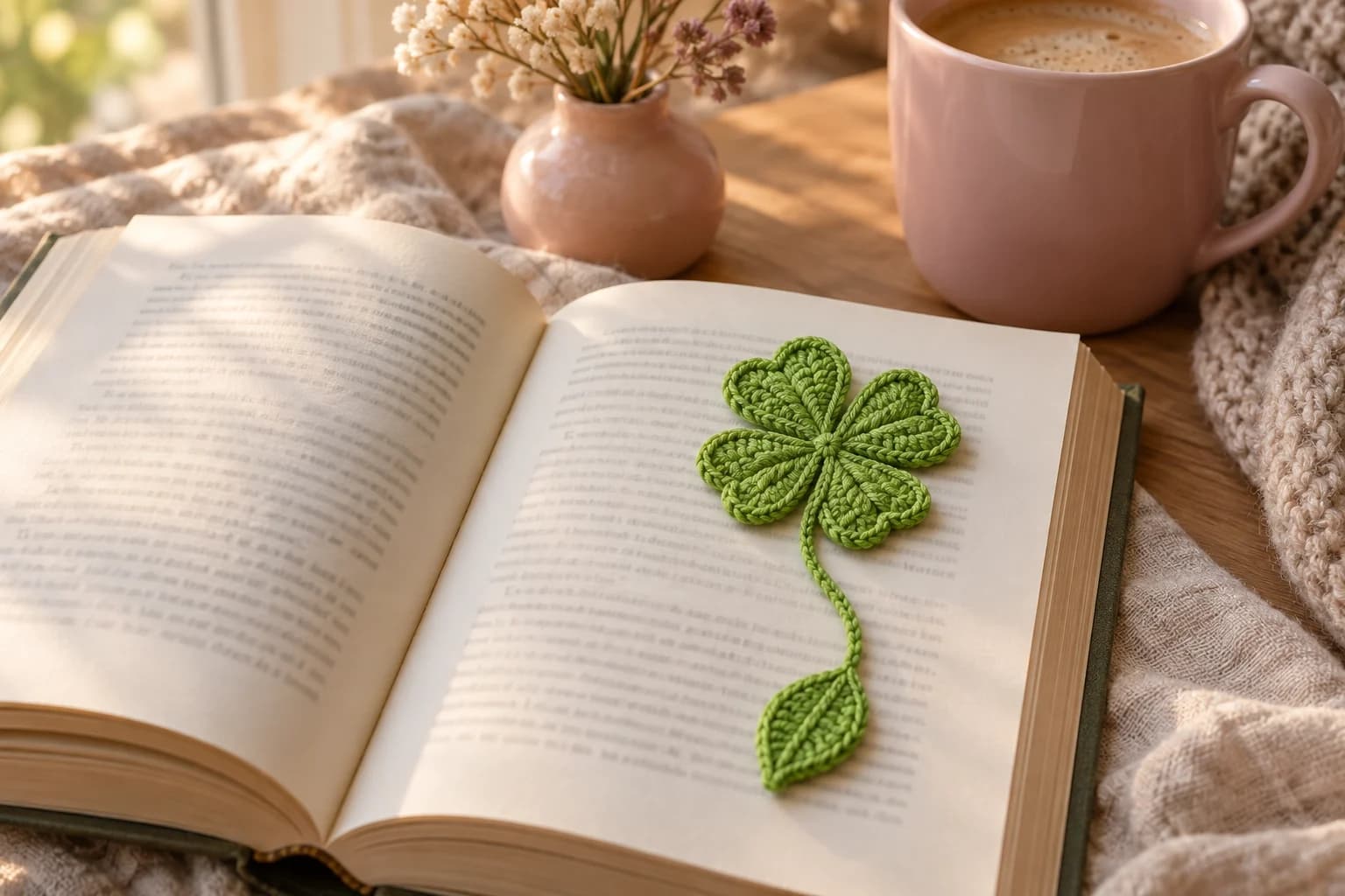 Green crochet four-leaf clover bookmark lying on the page of an open book: a flat clover with four heart-shaped leaflets and a stitched line in each heart, a thin green stem curving down the page and a pointed leaf with a vein at the end, with a blush pink mug, a small pink vase of dried flowers and a beige knit throw behind