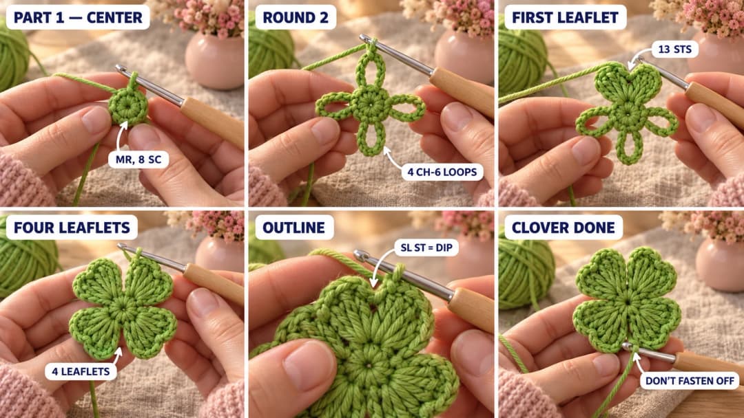 Step 1 of the crochet clover bookmark: a green magic ring of 8 single crochets on the hook, 4 chain-6 loops around the center, the first heart-shaped leaflet of 13 stitches worked into a loop, all 4 leaflets done, the outline round with a slip stitch pulling in the dip of each heart, and the finished clover with the loop still on the hook between the two bottom leaflets