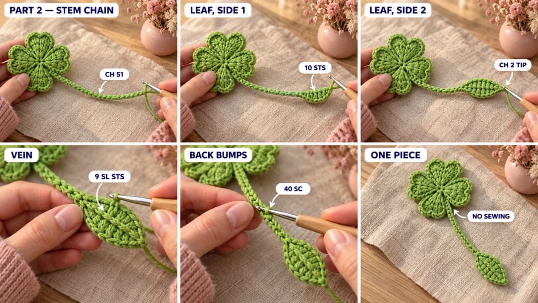 Step 2 of the crochet clover bookmark: a long green chain coming out of the bottom of the clover, the first side of the leaf worked from the tip, the second side with a small chain-2 point, a vein of surface slip stitches down the middle of the leaf, single crochet worked into the back bumps of the stem, and the finished clover, stem and leaf in one piece