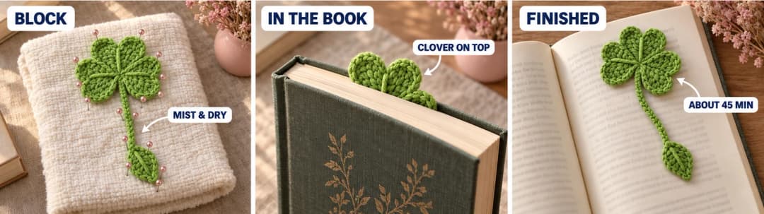 Step 3 of the crochet clover bookmark: the clover pinned flat on a folded cream towel to block it, the clover peeking above the top edge of a closed green hardcover book, and the finished clover bookmark lying across the page of an open book