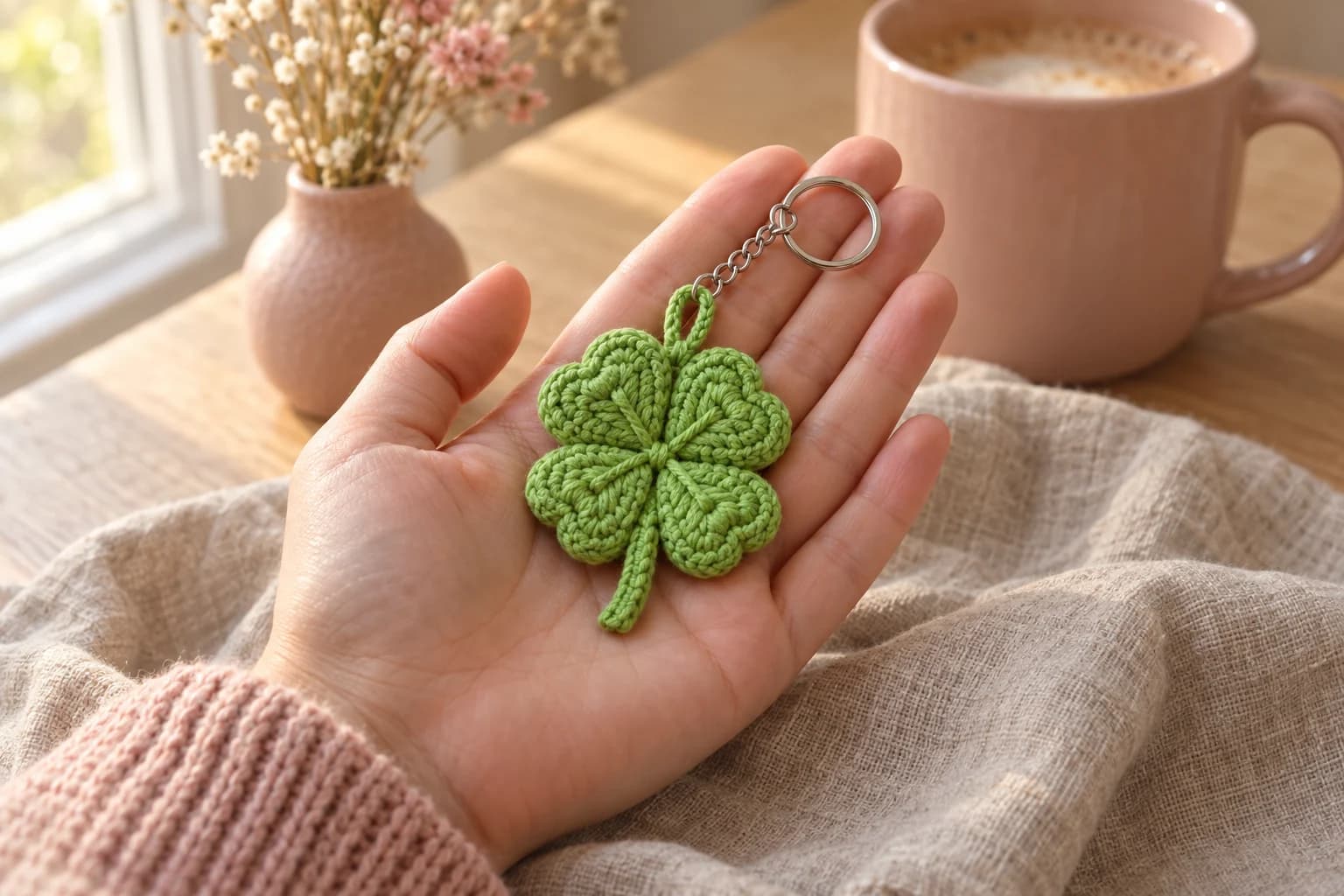 Small green crochet four-leaf clover keychain lying in an open palm: a thick double-layer clover with four heart-shaped leaflets and a stitched line in each heart, a short stem at the bottom and a crocheted loop at the top holding a fine silver chain and a split key ring, with a blush pink mug and a small pink vase of dried flowers behind