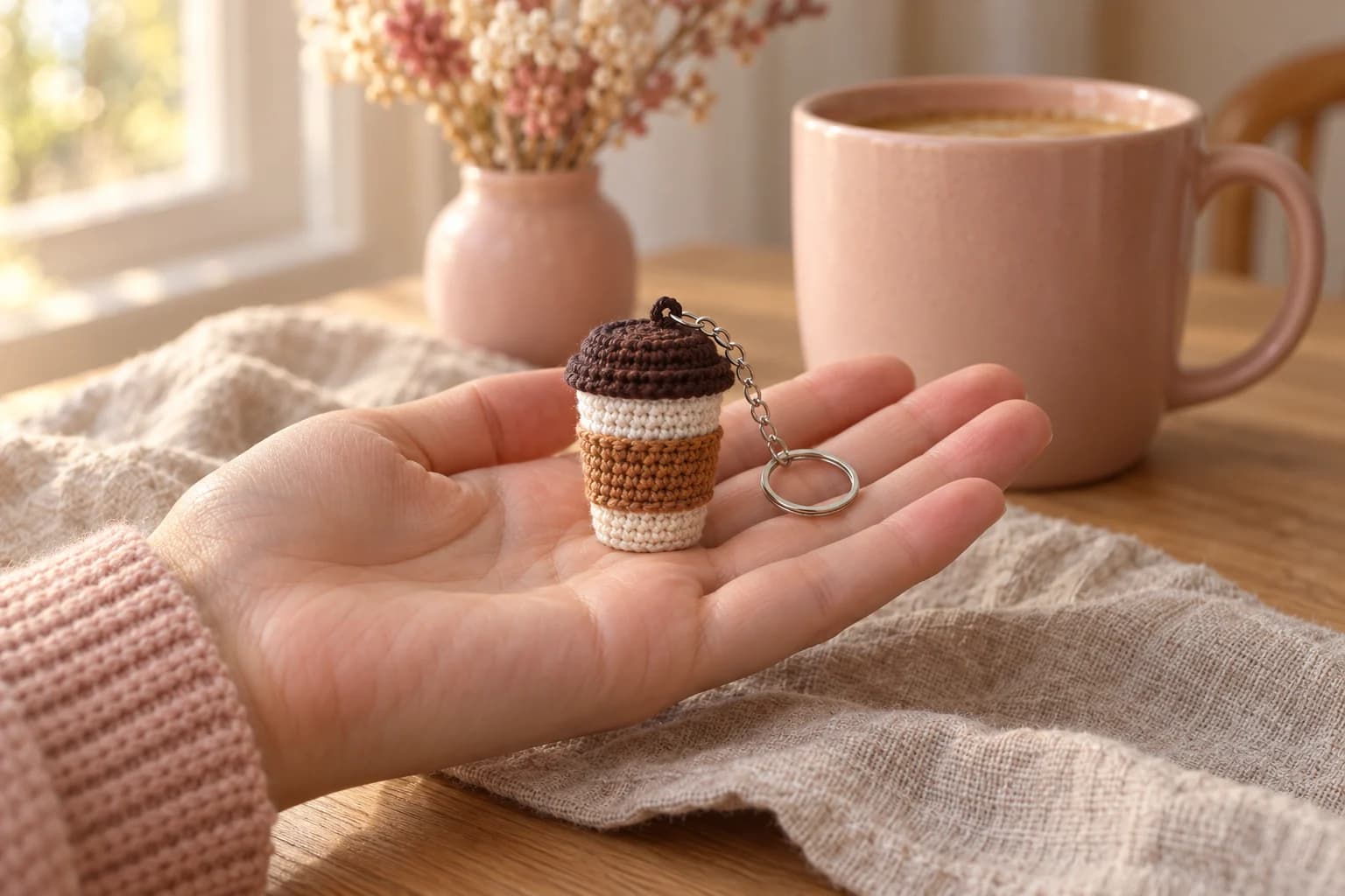 Crochet coffee cup keychain standing in an open palm: a tiny white crochet takeaway cup that widens a little toward the top, with a caramel sleeve around the middle and a dark brown lid with an overhanging rim, a short silver chain and key ring at the top of the lid, and a full-size pink coffee mug behind it