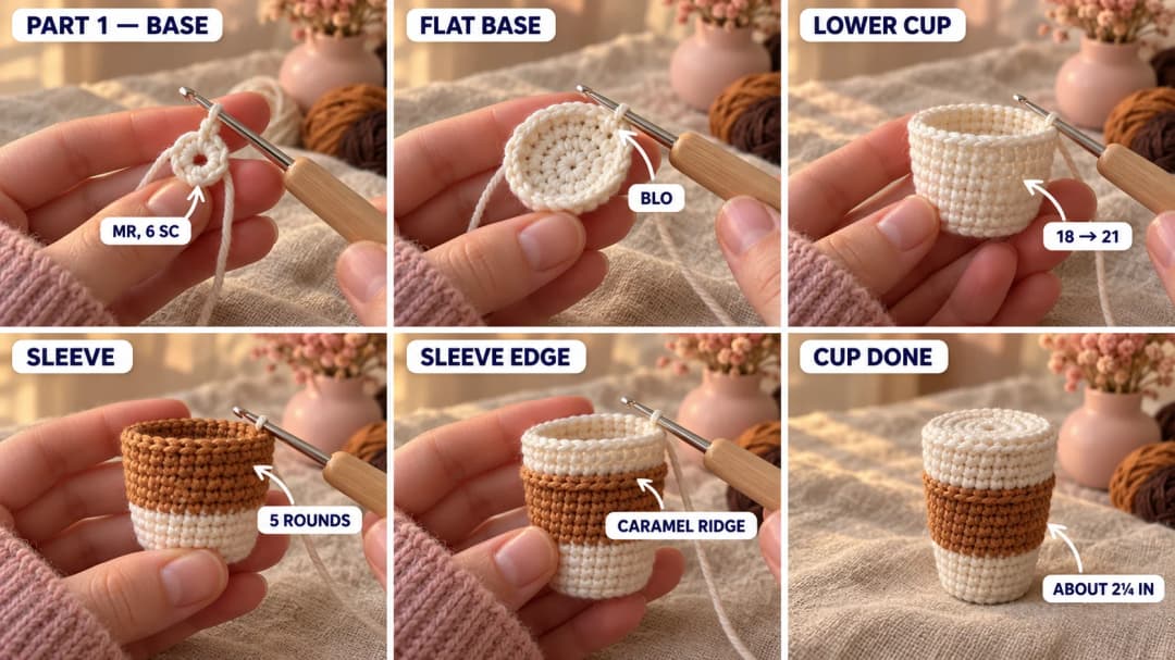 Step 1 of the crochet coffee cup keychain: a white magic ring on a 2.5 mm hook, the flat base with its edge round in the back loops, the white lower cup, the caramel sleeve worked in the middle with a little ridge at its top edge, the white upper cup, and the stuffed cup closed flat at the top