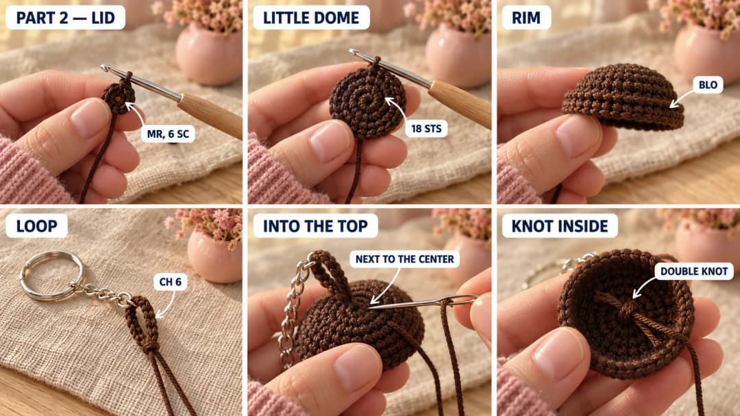 Step 2 of the crochet coffee cup keychain: a dark brown magic ring growing into a small domed lid, the wider round that makes it overhang, the edge round in the back loops turning down into a rim, and a short brown loop on a silver keychain chain taken into the top of the lid and knotted inside