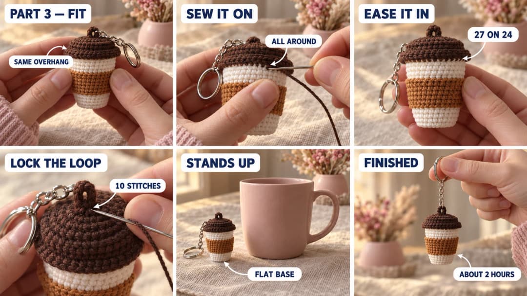 Step 3 of the crochet coffee cup keychain: the brown lid set on the stuffed white cup with its rim hugging the top, a tapestry needle whipstitching the rim to the cup, small stitches locking the loop at the top of the lid, the finished cup standing on its flat base next to a full-size pink mug, and the cup hanging upright from a silver key ring