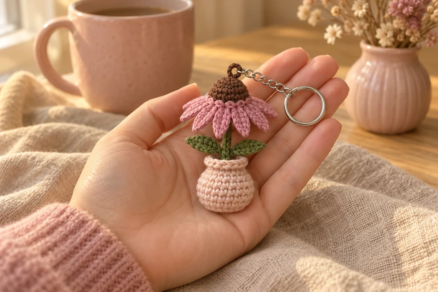 Crochet coneflower keychain in an open palm: a tall chocolate brown crochet dome on a dusty pink flower with long pointed petals bent gently downward, a green stem with pointed leaves on each side, and a round blush pink crochet vase with a narrow neck and a rolled rope rim, with a brown loop at the top of the dome holding a short silver chain and a split key ring, a blush pink mug and a vase of dried flowers behind